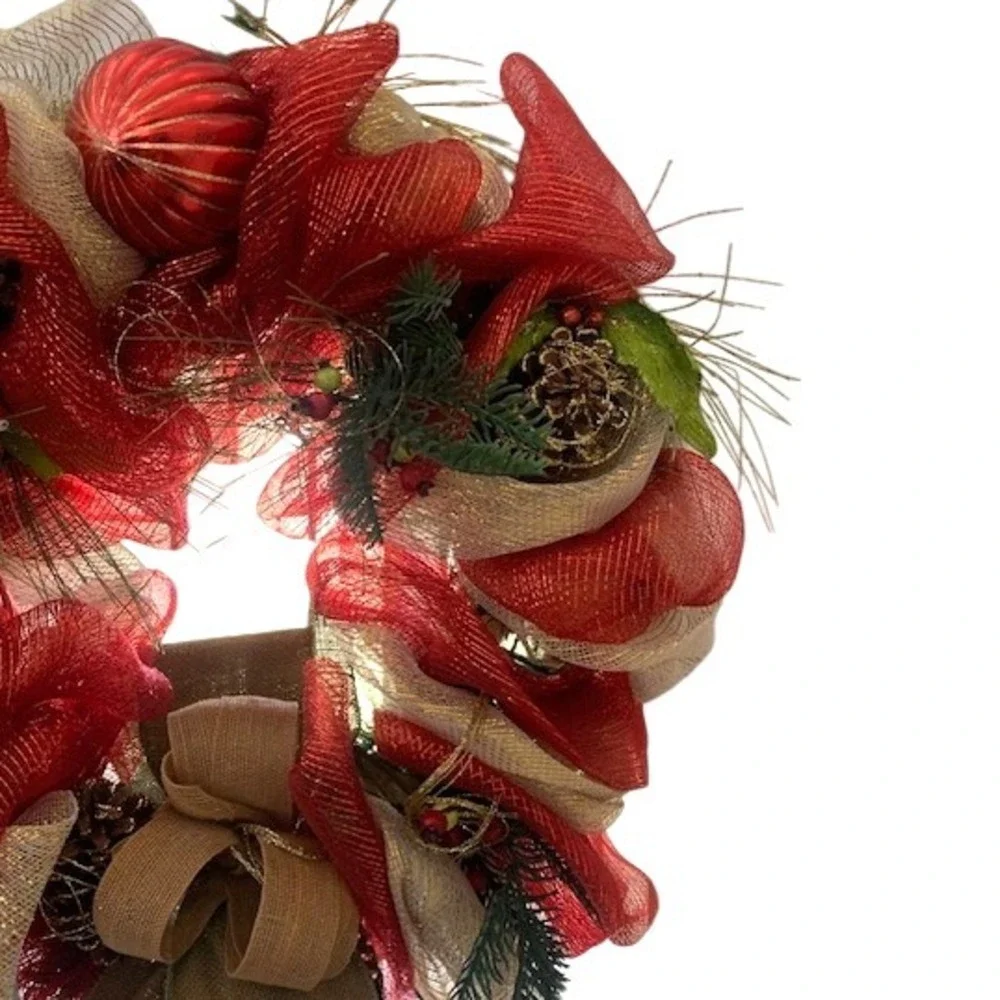 Christmas Deco Mesh Wreath Red‎ Gold Burlap Rustic Holiday Door Decor Pinecones